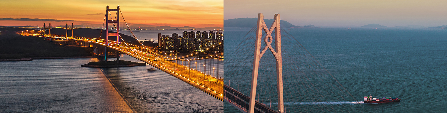 由两幅分别为香港及珠三角的桥合并而成的图片，展现两地于贸易上的连系及互通。